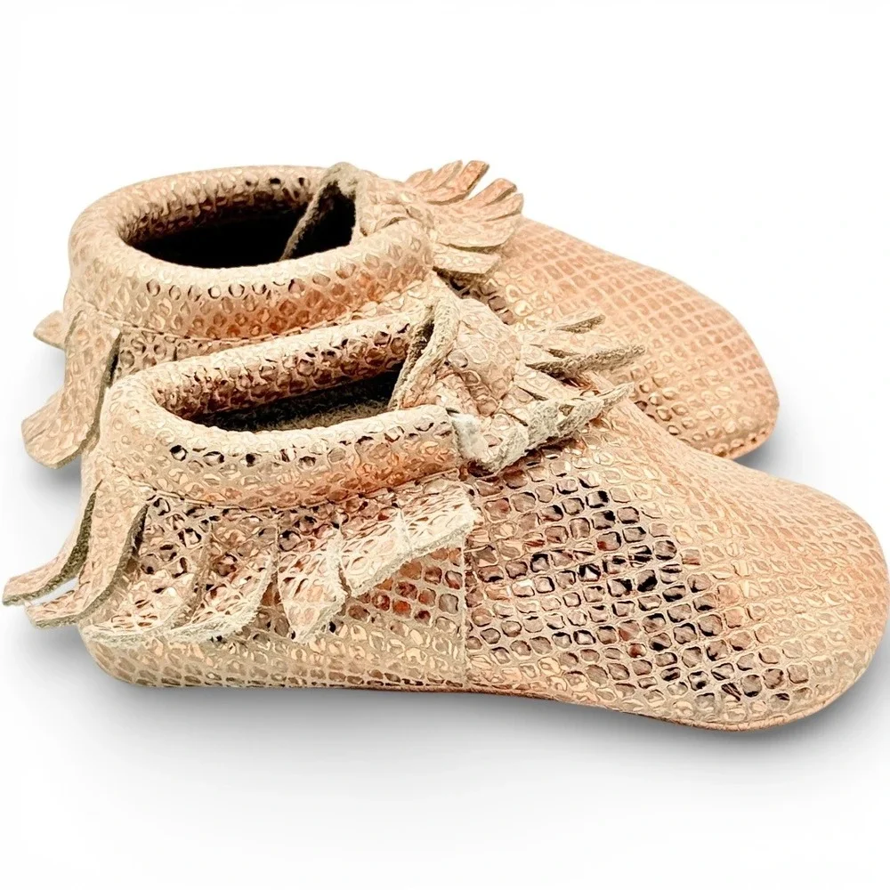 Freshly Picked Rose Gold Leather Baby Classic Moccasin Fringe Soft Sole 4 Luxury